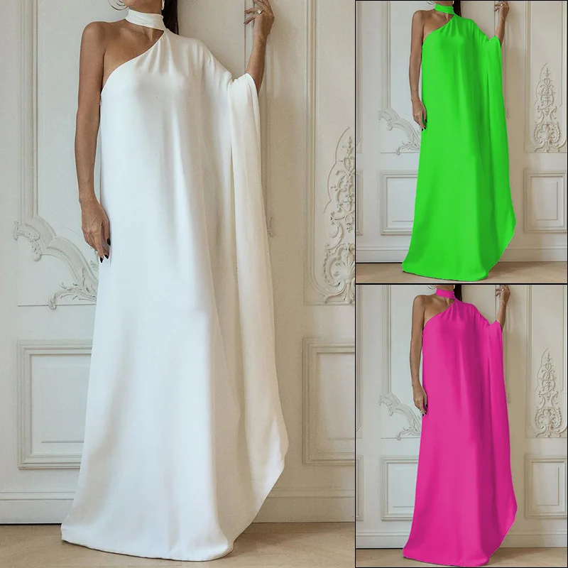 

SKMY Solid Color 2023 Autumn Winter New Clothes For Women Fashion Halter Neck One Shoulder Evening Party Long Dresses