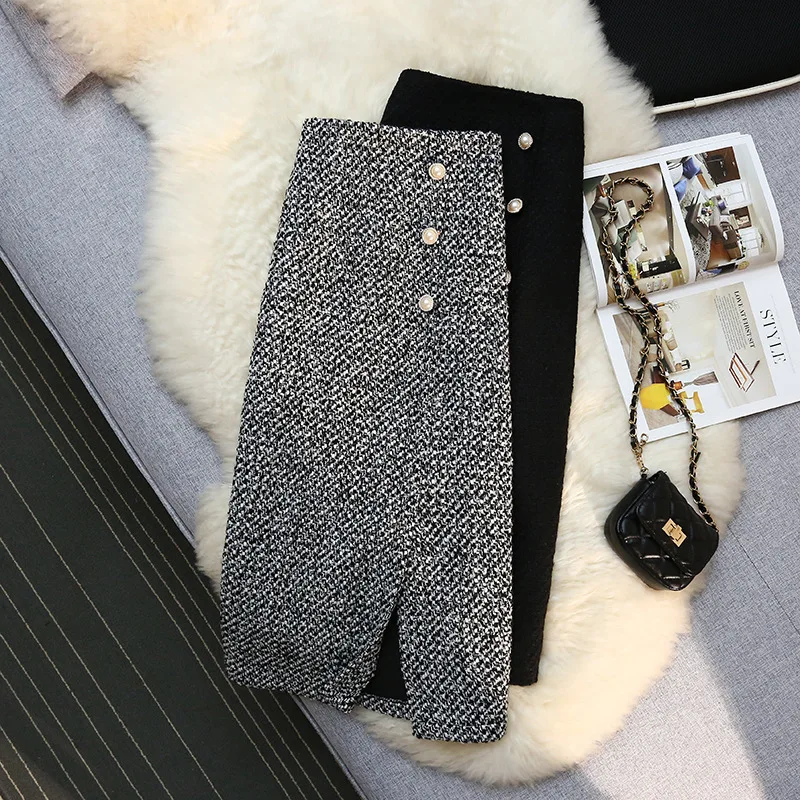 

Korean Graceful Woolen Skirt Women's Spring Winter Mid-Length A Word Split Sheath Skirt Small High Waist One-Step Skirt Y2k