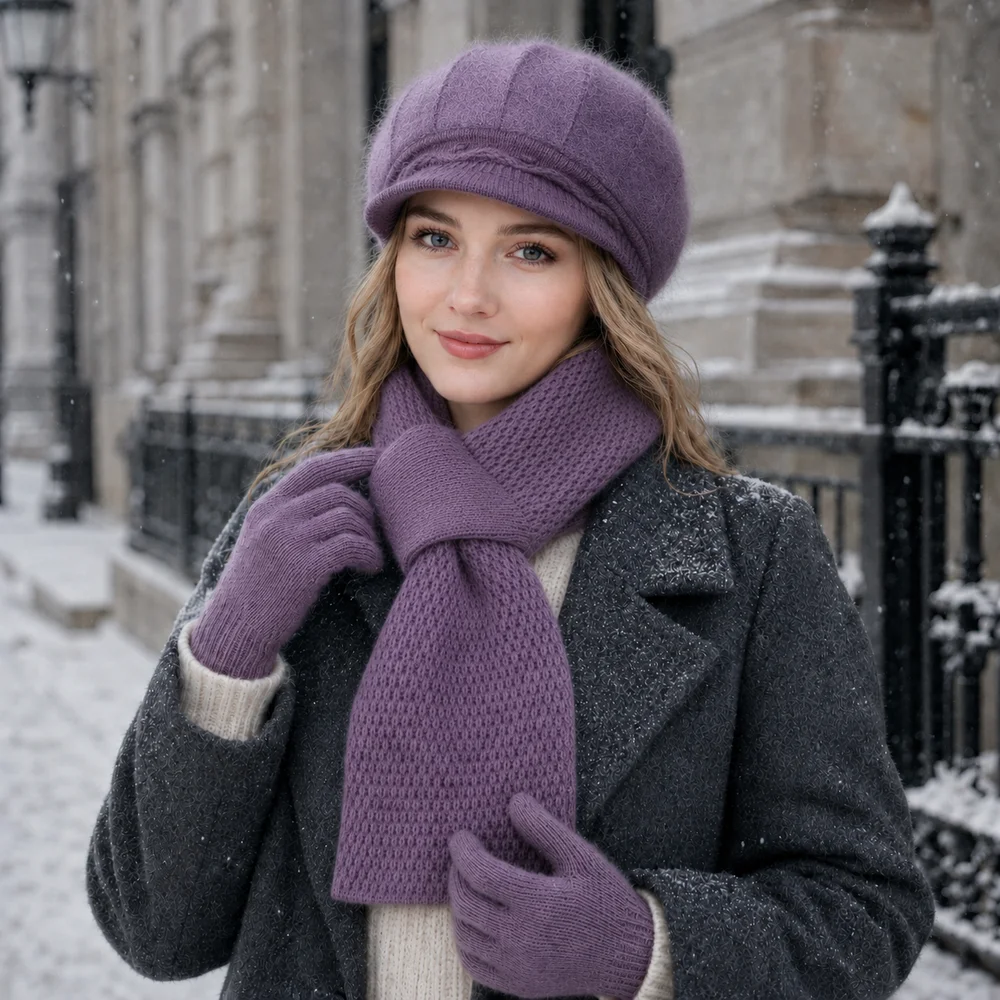3-Piece Women’s Winter Hat Scarf Gloves Set, Fuzzy Visor Cap & Pull-Through Neck Warmer, Warm Knit Cold Weather Accessories