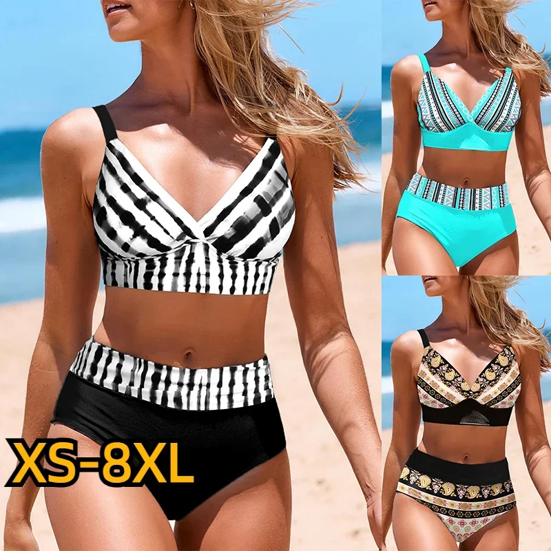 

2023 Women High Waist Tankini Summer New Design Printing Swimwear Swimsuit Bikini Bathing Suit Two Piece Set Beach Weart XS-8XL