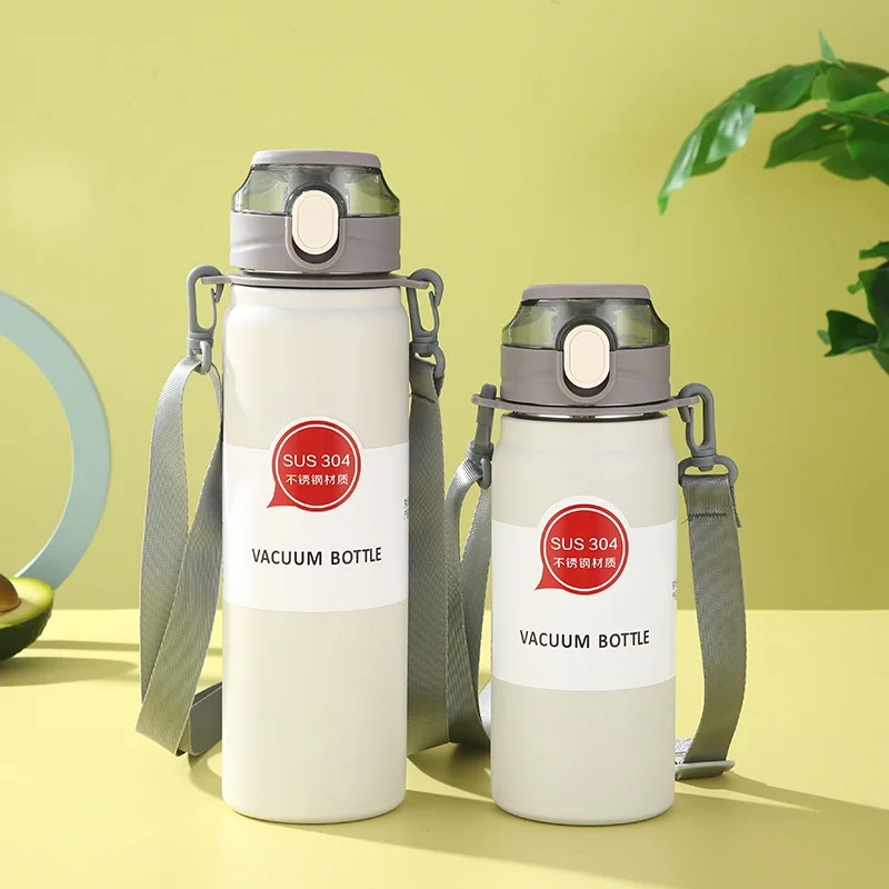 304 Sport Vacuum Flask With Straw Portable Thermos Mug With Strap 600Ml