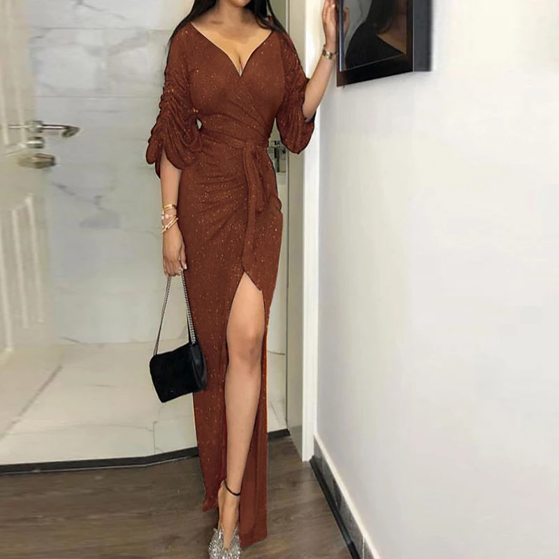 

Nightclub Split Sequins Evening Party Dress Sexy Puff Sleeve Off Shoulder Dresses Elegant Women Draped Irregular Long Dress