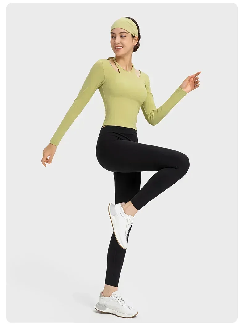 Lemon Women's Halter Neck Long-sleeved Ribbed T-shirt Stretch Halter Neck Workout U-shaped Back Fitness Yoga Top Gym Clothing