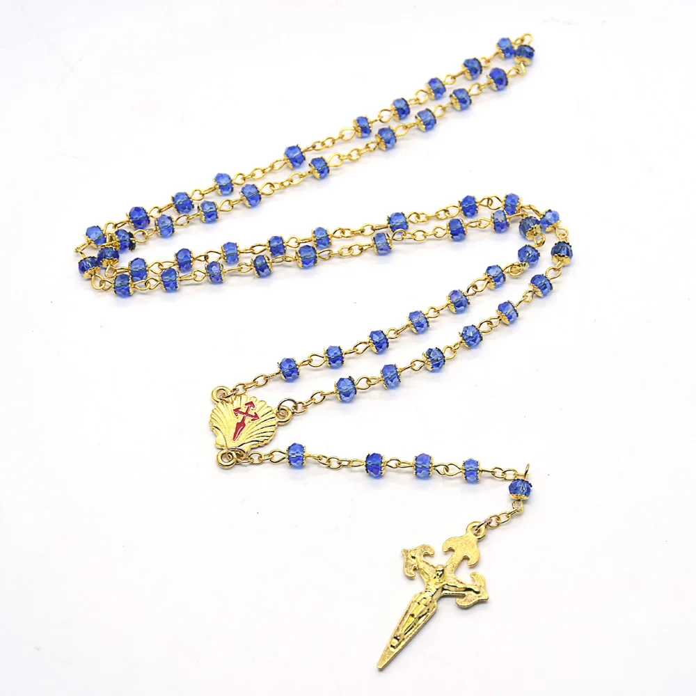 BlueGoldColorCrystalRosaryCrossPendantNecklaceFatimaSantiago