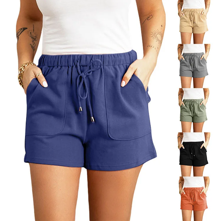 

2022 casual pants women's summer solid color new high waist straight drawstring loose casual shorts women