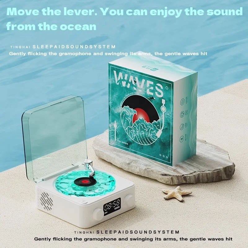 

Retro Phonograph Wave Sound Sleep Assist Wireless Bluetooth Speaker Projection Atmosphere Light Portable Musicbox with Clock