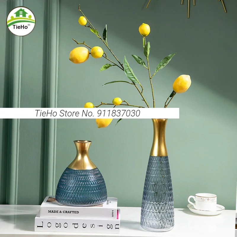 

Home Decor Gilded Blue Glass Vase Flower Arrangement Hydroponic Flower Vase Bookcase Wine Cabinet TV Stand Desktop Ornaments