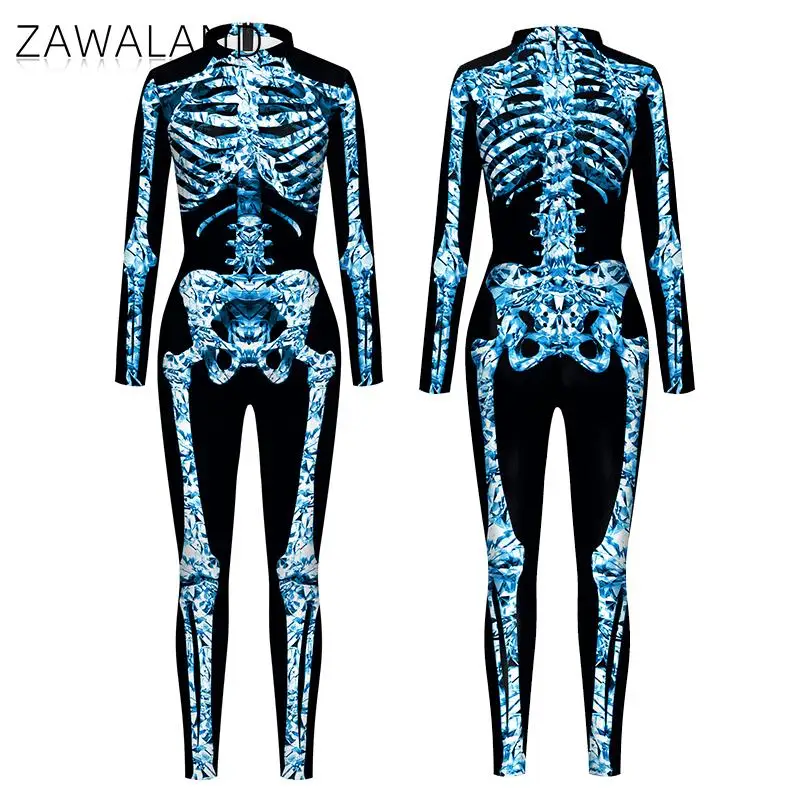 

Zawaland New Halloween Skeleton Cosplay Costume 3D Digital Printing Long Sleeve Bodysuit Stretch Partywear Zentai Rubber Suit