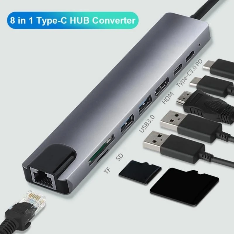 8 in 1 Type-C Hub Converter Dongle Docking Station USB C Multiport Adapter