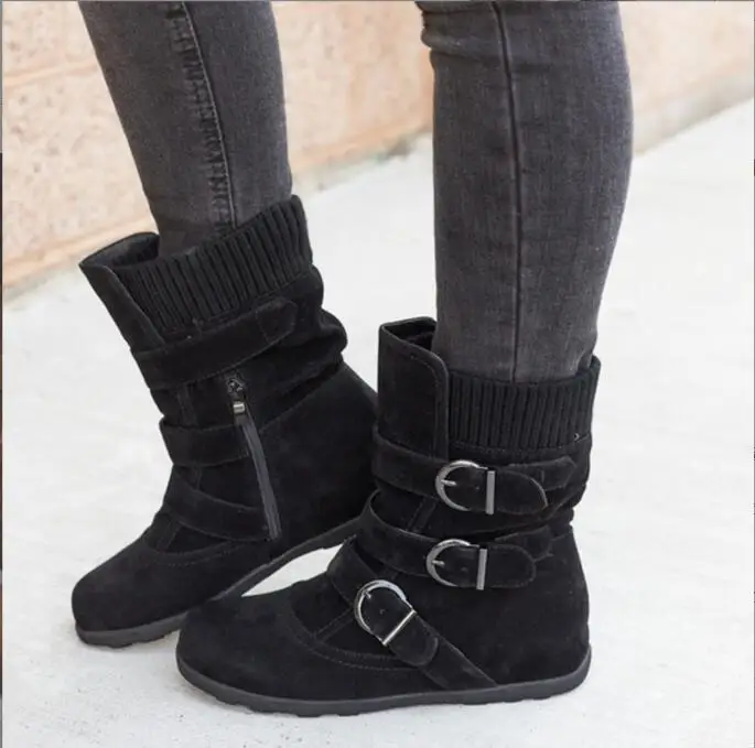 Fashion New Women Warm Snow Boots Arrival Flat Plush Casual Ladies Shoes Plus Size Autumn Winter Buckle Female Mid Calf Boots