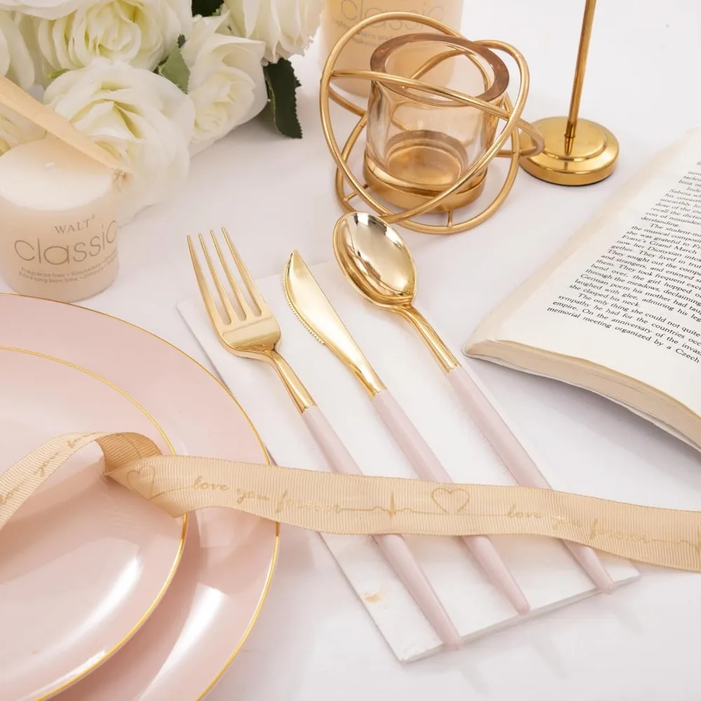 I00000 300 Pack Gold Plastic Silverware with Pink Handle, Pink Plastic Silverware Set, Kitchen Utensils- 100 Forks, 100 Kni