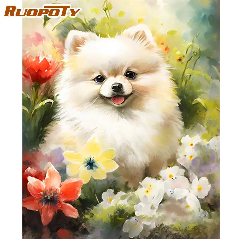 

RUOPOTY Frame Painting By Numbers For Adults Dog Animals And Flowers Coloring On Numbers Starter Kits For Wall Art Picture