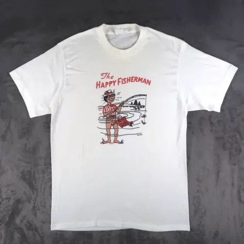 Vintage Anni '80 The Happy Fisherman T Shirt Taglia M Funny Humor Novità Maniche Lunghe O Corte