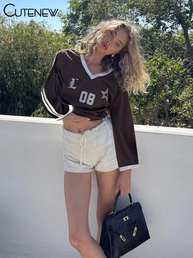 Football Track Women T-shirts Autumn Printed Striped Long Sleeve V-neck Oversized Tops Female Active Casual Streetwear