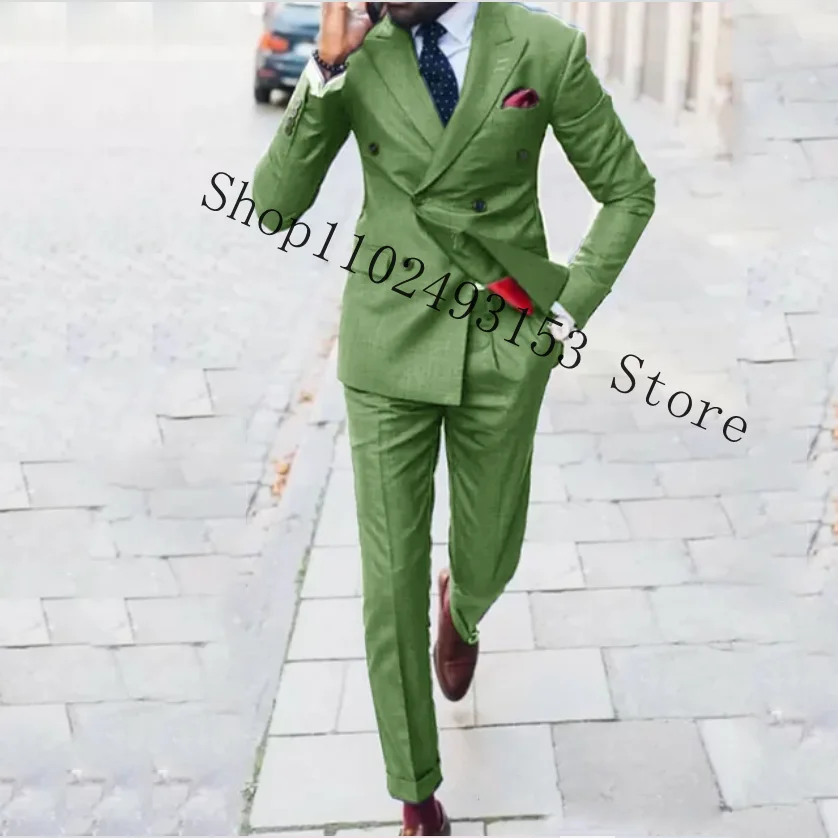 Men's Suit Double Breasted Peak Lapel 2 Piece Tuxedos Slim Fit Best Men Casual Groom Wedding Party Tuxedos Costume Homme Mariage