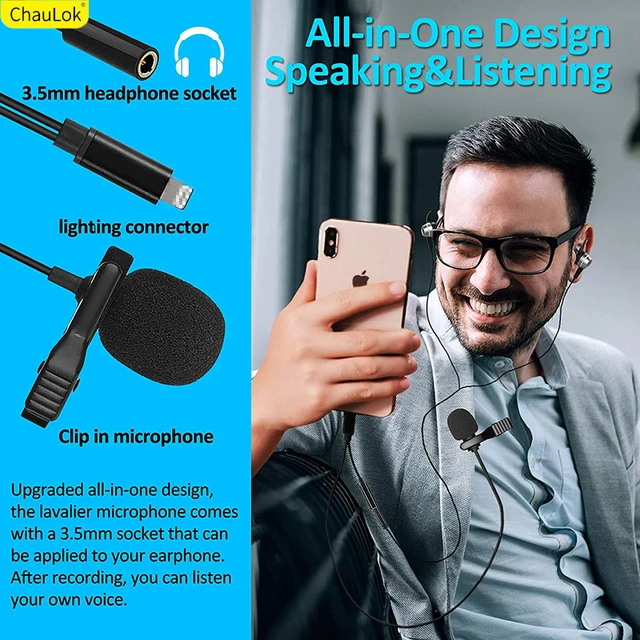 Micrófono Lavalier de grado profesional con adaptador compatible con iPhone  - Micrófono de solapa para iPhone X 11 12 13 14 Pro - Micrófono externo