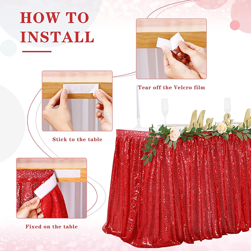 Description Picture 5 of item14ft Table Skirt Red Sequins Rectangle Square Round Glitter Tablecloth for Wedding Party Dinner Baby Shower Christmas Decoration
