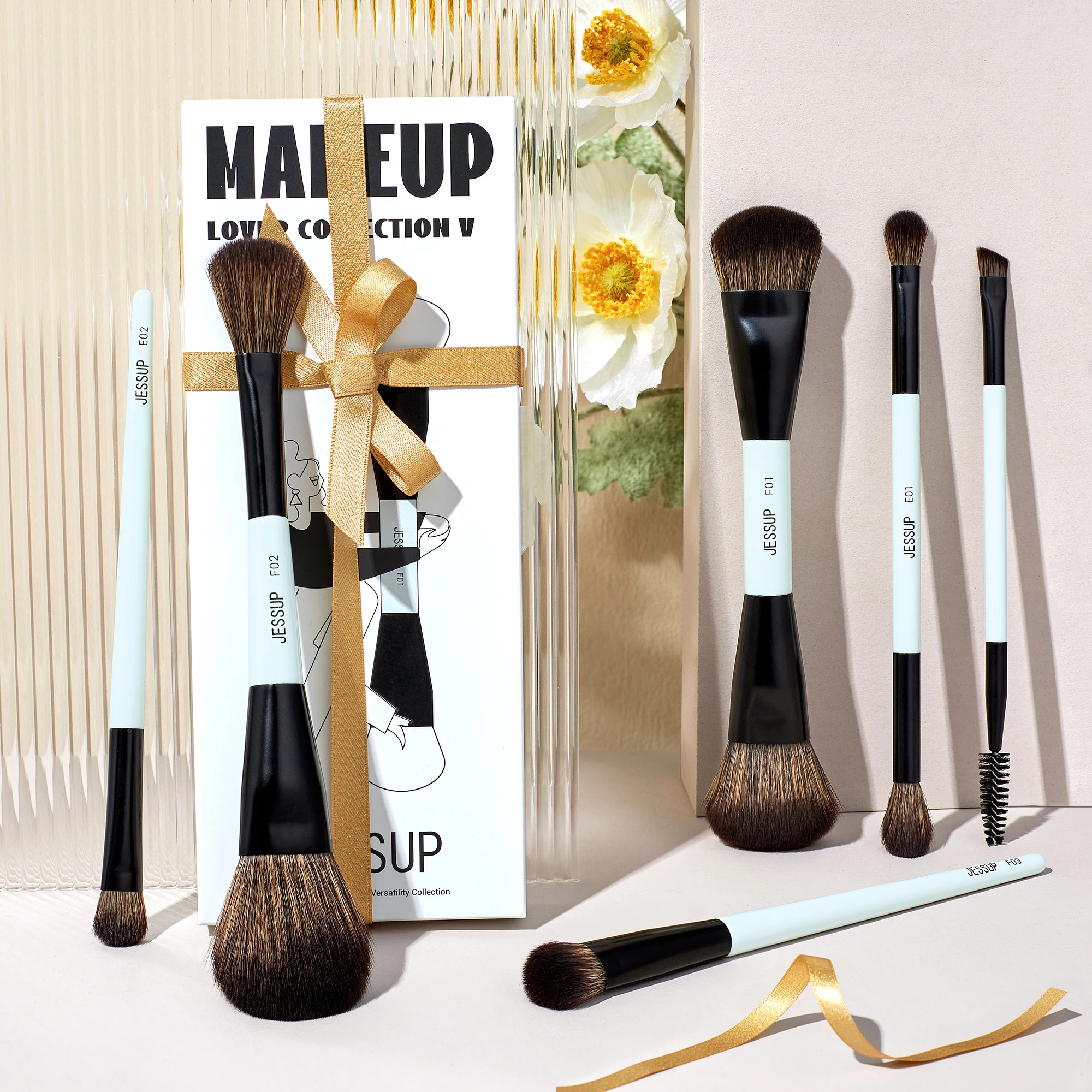 Jessup Makeup Brush Set Double Sided Makeup Brushes Foundation Contour Blush Blending Eyebrow Shadow,Fiber Bright Cyan T501 6