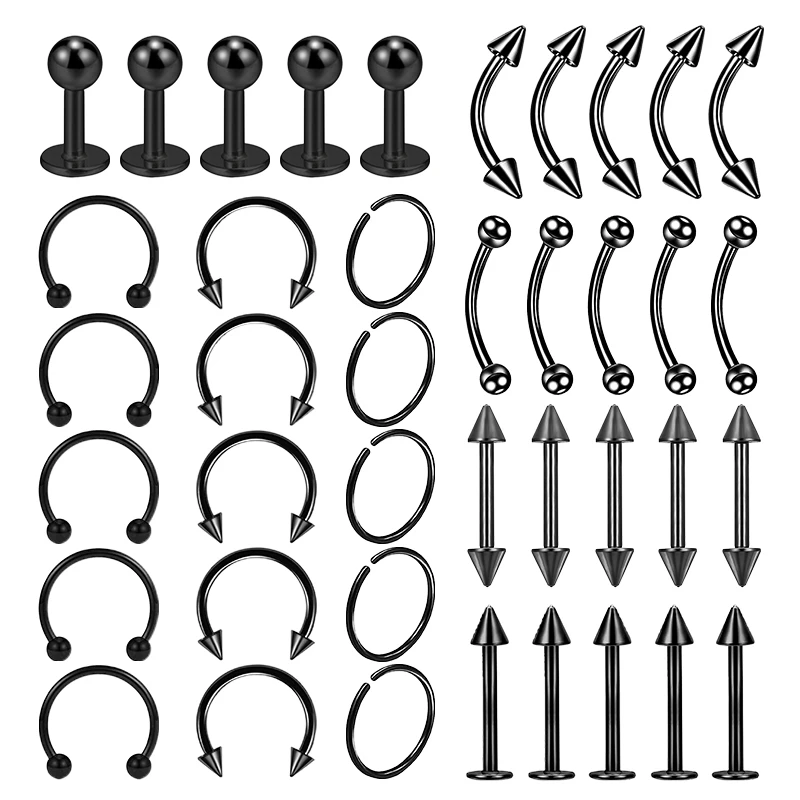 Surgical Steel Body Piercing Jewelry 40PCS Lot Nose Ring Tongue Bar Eyebrow Labret Piercing Set Horseshoe Ring Pack