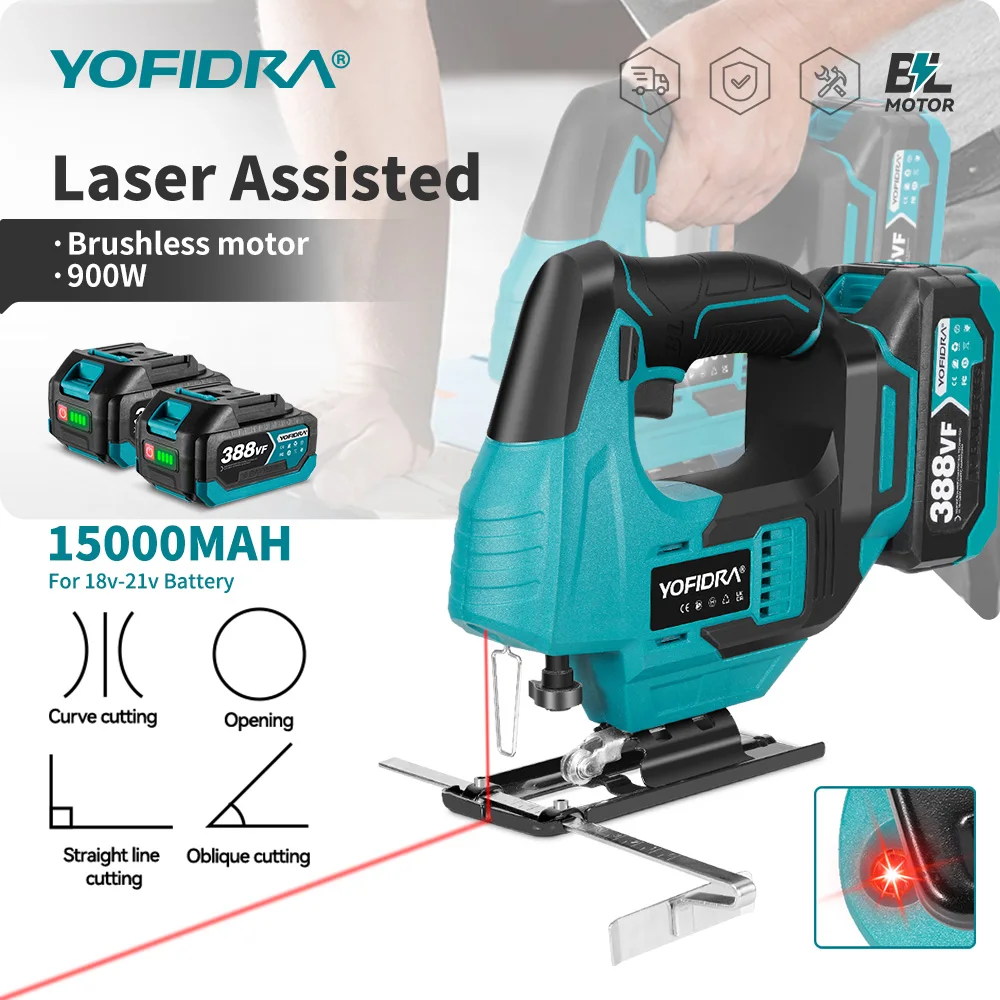 YOFIDRA Brushless 19mm Electric Jig Saw Infrared Laser Curve Saw Variable Speed MultiFunction Cutter For Makita 21V Battery Pin