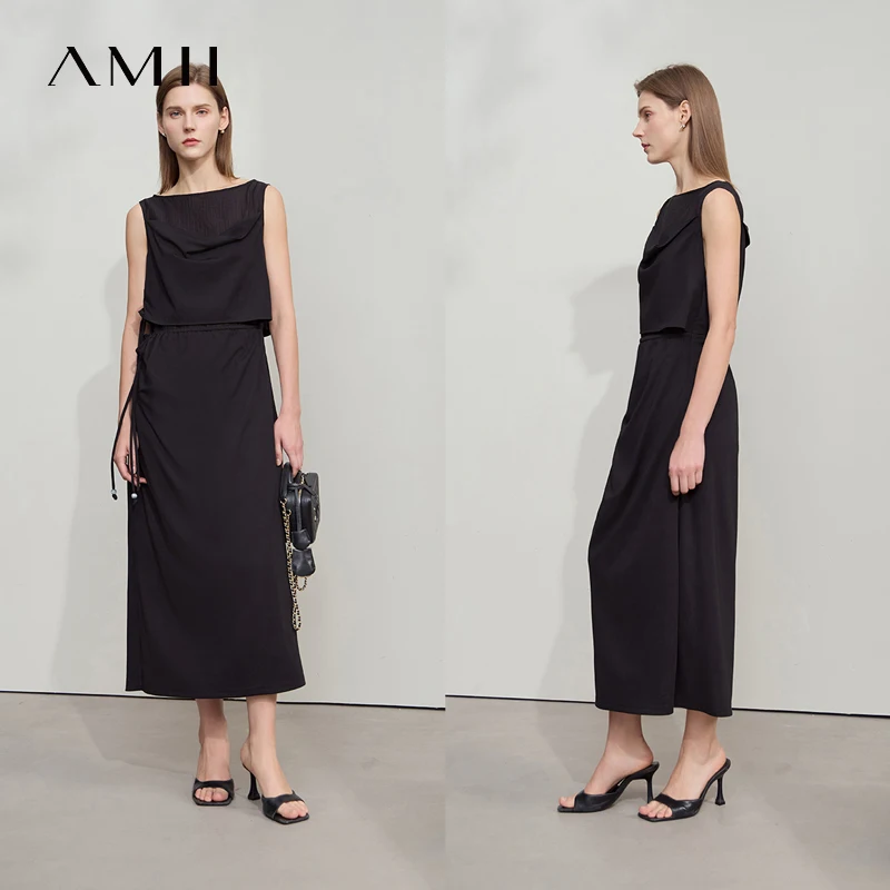 Amii Minimalist Casual Dress Women 2025 Summer New Office Lady Light Luxury  Sleeveless Knit Drawstring Midi Dresses 12542115 - AliExpress