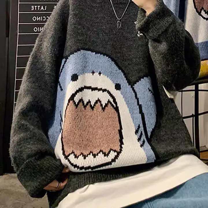 

Autumn and winter cartoon shark sweaters for men and women round neck trendy Korean style Hong Kong style wool style trendy emo