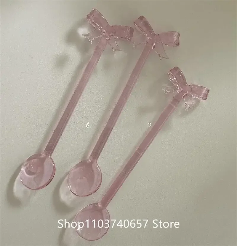 Pink Bow Glass Spoon Borosilicate Heat-resistant Glasses Stirring Spoon For Coffee Milk Juice DessertSpoon