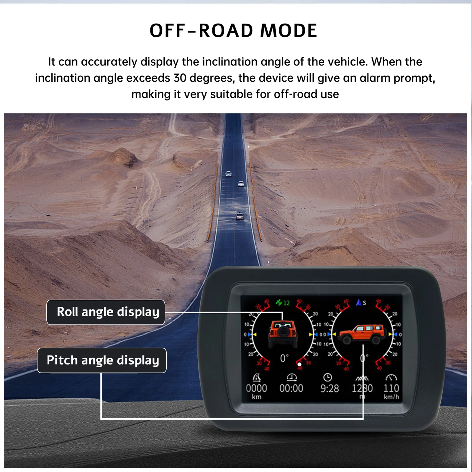 A65 헤드업 디스플레이 OBD 경사 계량기 GPS 디지털 오프로드 LCD 디스플레이 롤 피치 각도 마일리지 고도 온보드 컴퓨터