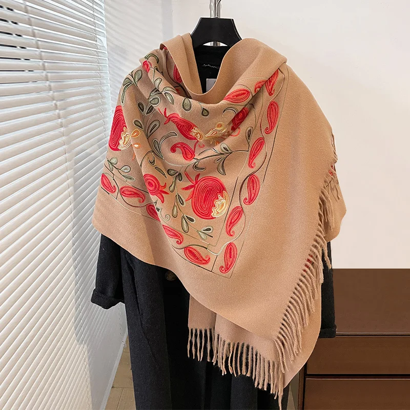 NEW Brand Embroidery Scarf Elegant Women Winter Thick Warm Neck Pashmina Paisley  Fringe Scarves Lady Blanket Soft Shawl