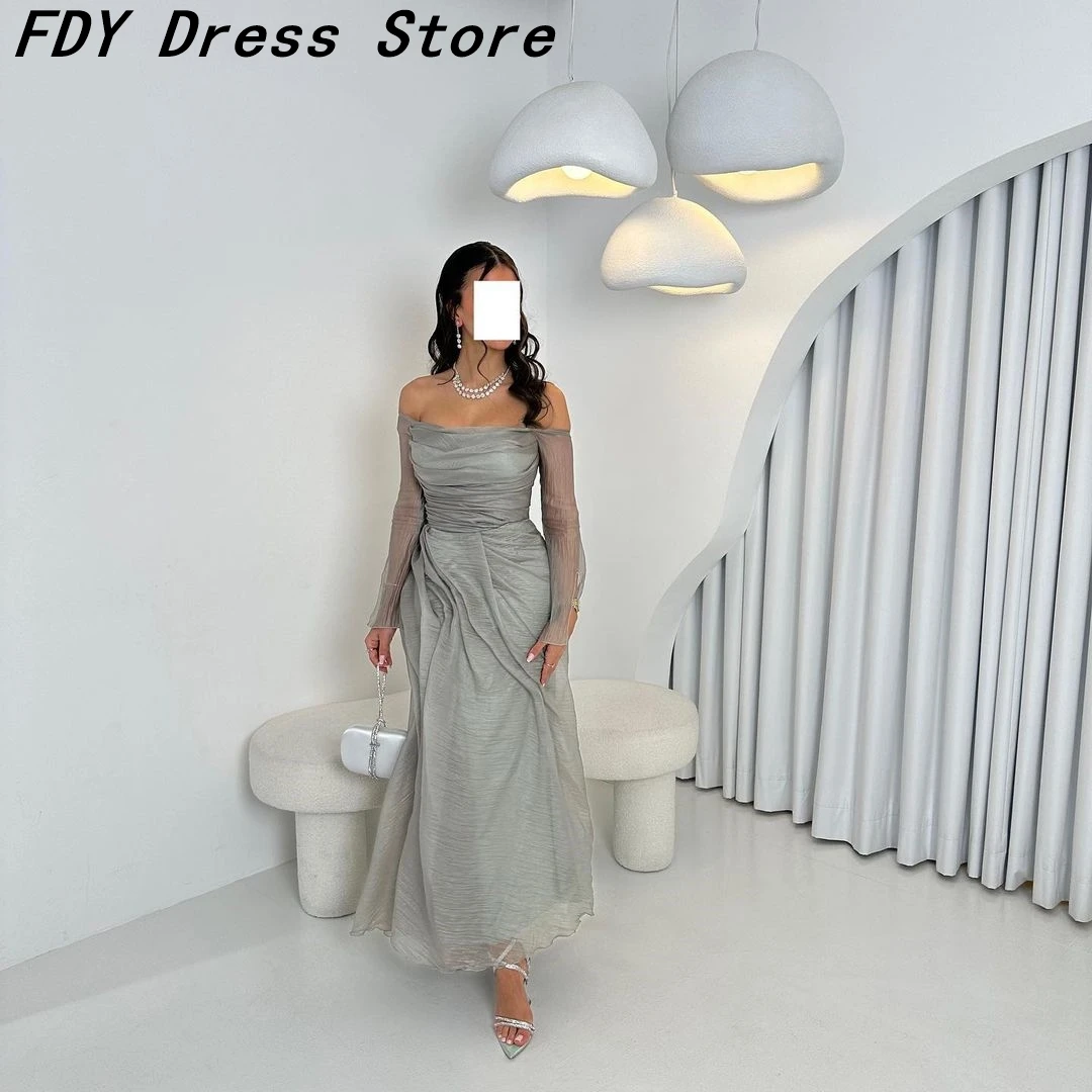 

2023 New Mermaid Evening Dresses Boat Neck Long Sleeves Prom Dresses Ankle Length Pleated Formal Occasion Dresses