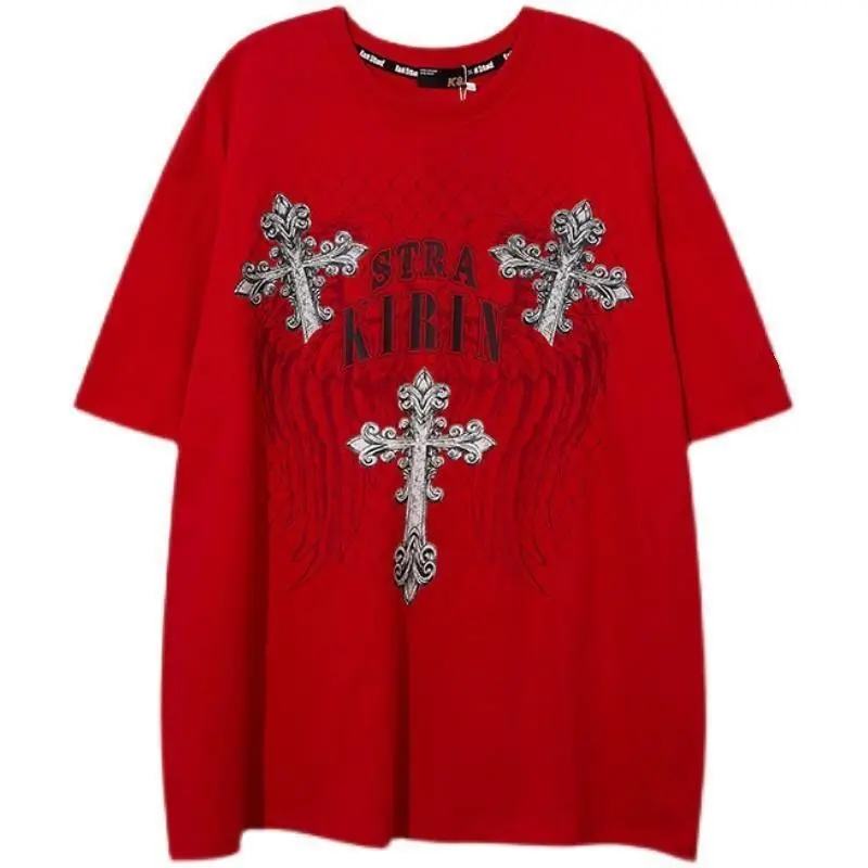 

National trend original ins trendy brand dark American hip-hop 2024 new cross pattern short-sleeved t-shirt men loose couple top