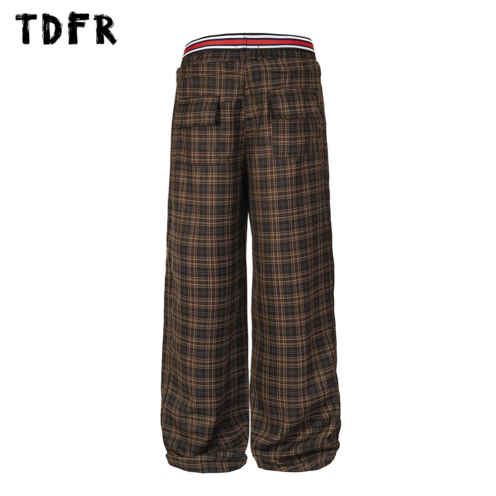 Plaid Casual Pants Mens Pocket Retro Streetwear Elastic Waist Loose Straight Wide leg Trousers Men