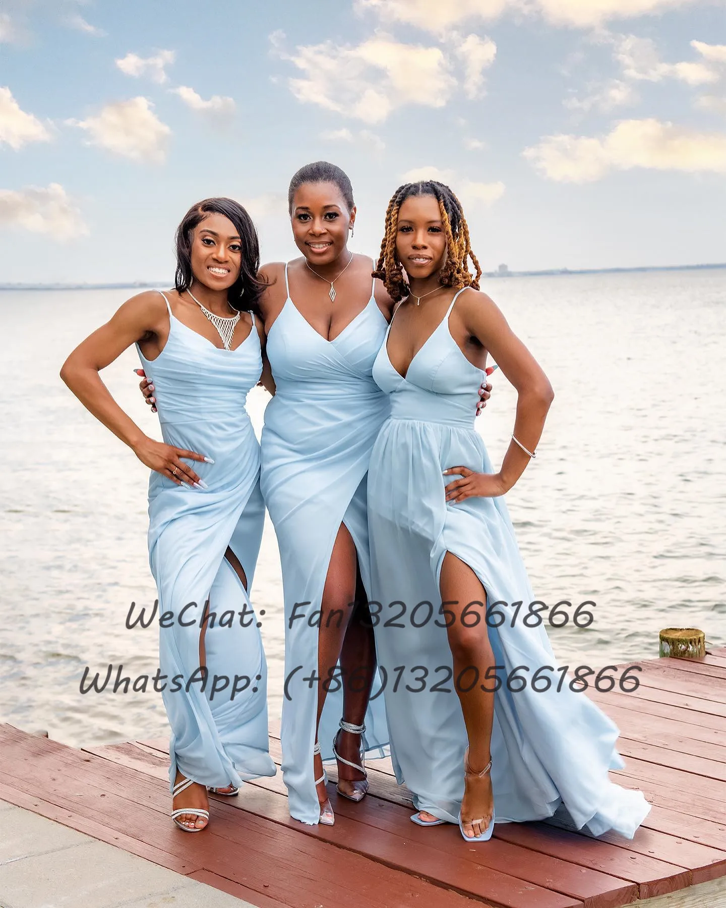 Light Blue Chiffon Bridesmaid Dresses Sexy V-neck Spaghetti Straps Long  A-line With Slit Wedding Party Dress Maid Of Honor - Bridesmaid Dresses -  AliExpress