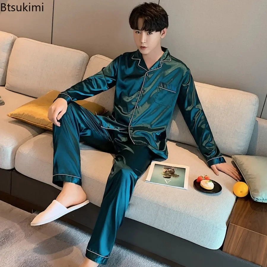 Men's Casual Pajamas Sets Oversized Silk Mens Pajama Pants Sets Satin Long Sleeve Sleepwear Home Pijama Night Wear Loungewear pajamas set silk pajamas man pajamas set satin pajama set