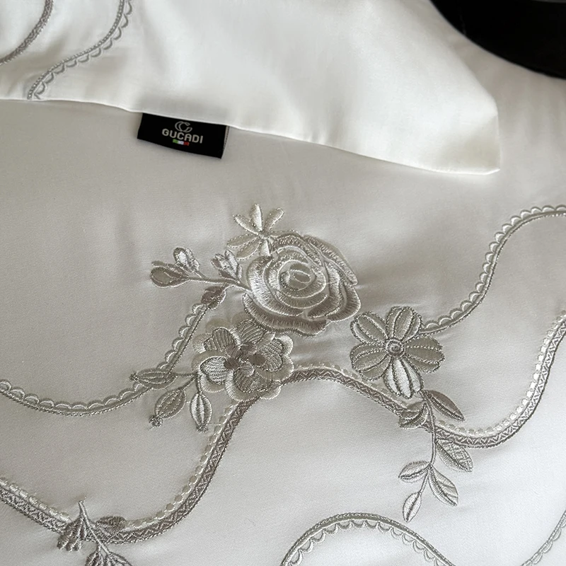 Flowers Embroidery Luxury Bedding Set 800TC Lyocell Cotton Soft Silky Cool Feeling Duvet Cover Flat/Fitted Bed Sheet Pillowcases 4
