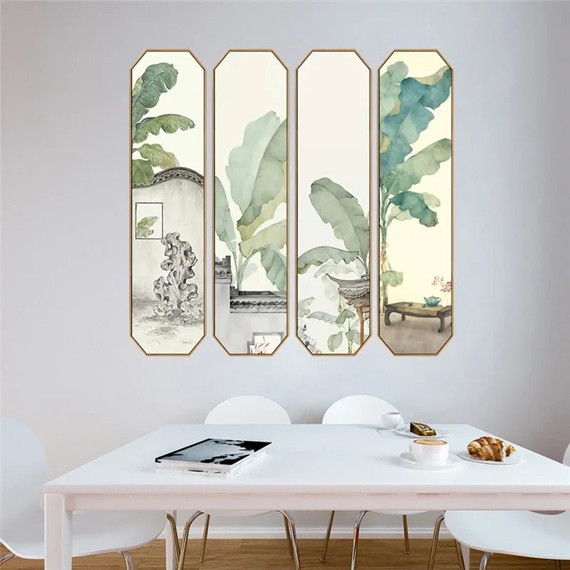 Green leaves banana leaves ink painting wall stickers living room bedroom, corridor, porch decoration 30x90cm 4 Patches/Pack