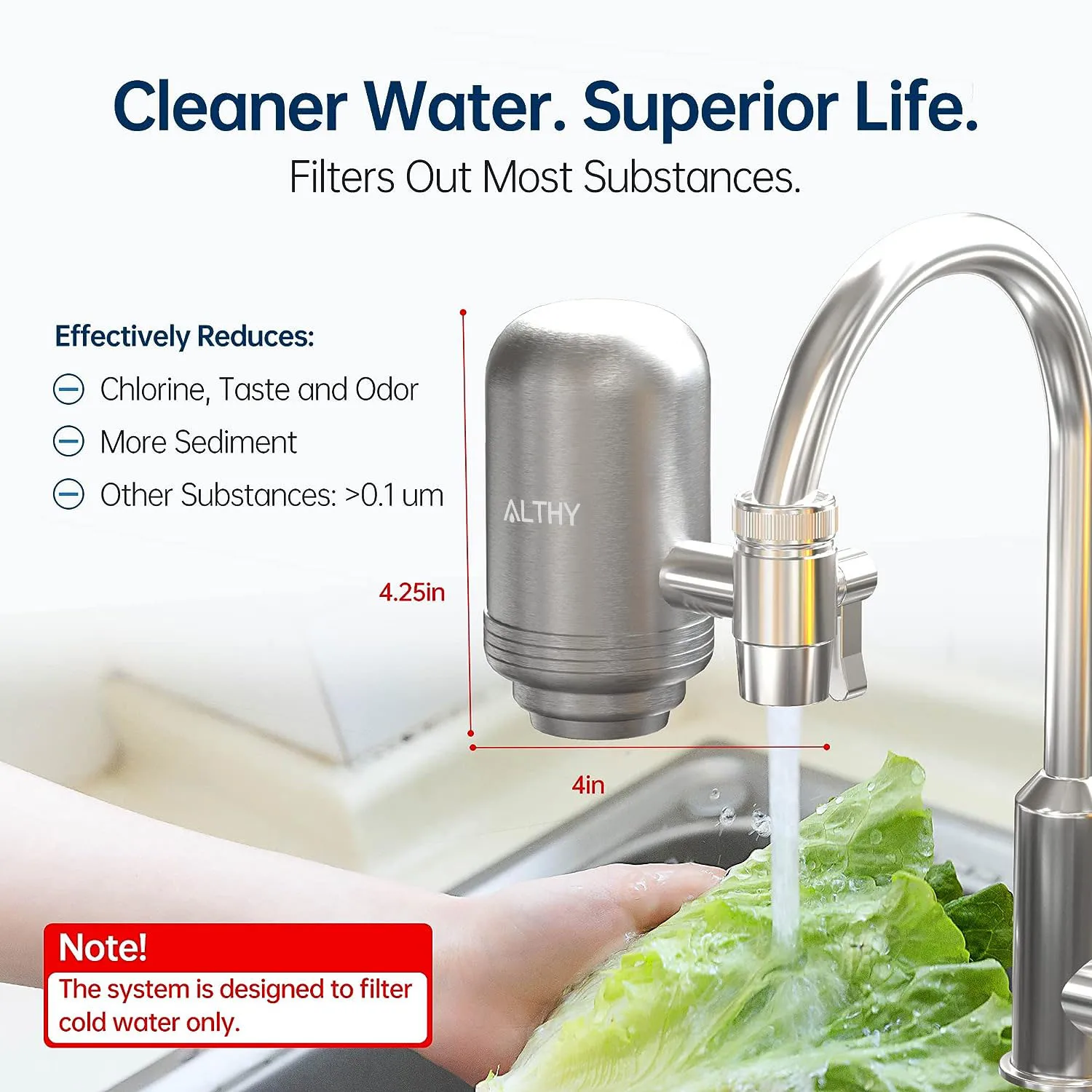 ALTHY Stainless Steel Faucet Tap Water Filter Purifier System, NSF Certified Reduces Lead, Chlorine & Bad Taste Kitchen