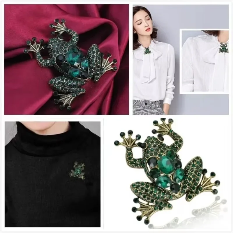 Retro Diamond Inlaid Frog Brooch Alloy Green Rhinestone Frog Brooch Banquet Party Dress Decoration Jewelry Brooch Wholesale