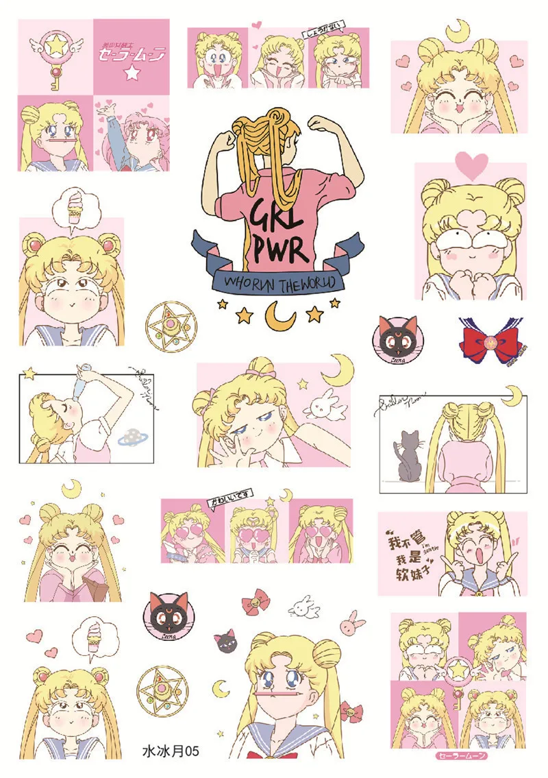 Hello Kitty Stickers Sailor Moon Anime Hand Account Sticker KT Cat Girl  Heart Cartoon Character Material Decoration Girl Gifts