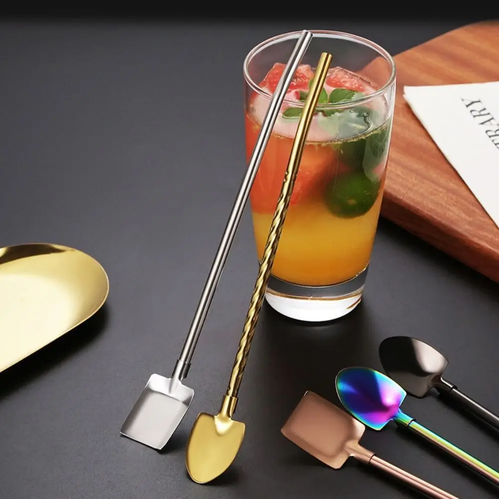 2 in 1 Straw Spoon Stainless Steel Pointed Square Shovel Bar Ice Scoop Cocktail Coffee Stirring Spoon Reusable Hot Proof Straw