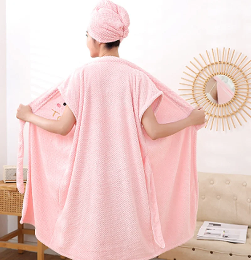 Long Comfortable Quick-Dry Cute Bathrobe Towel Dry Hair Cap Three-Piece Set With Smile And Letter Pattern Print Pink Purple