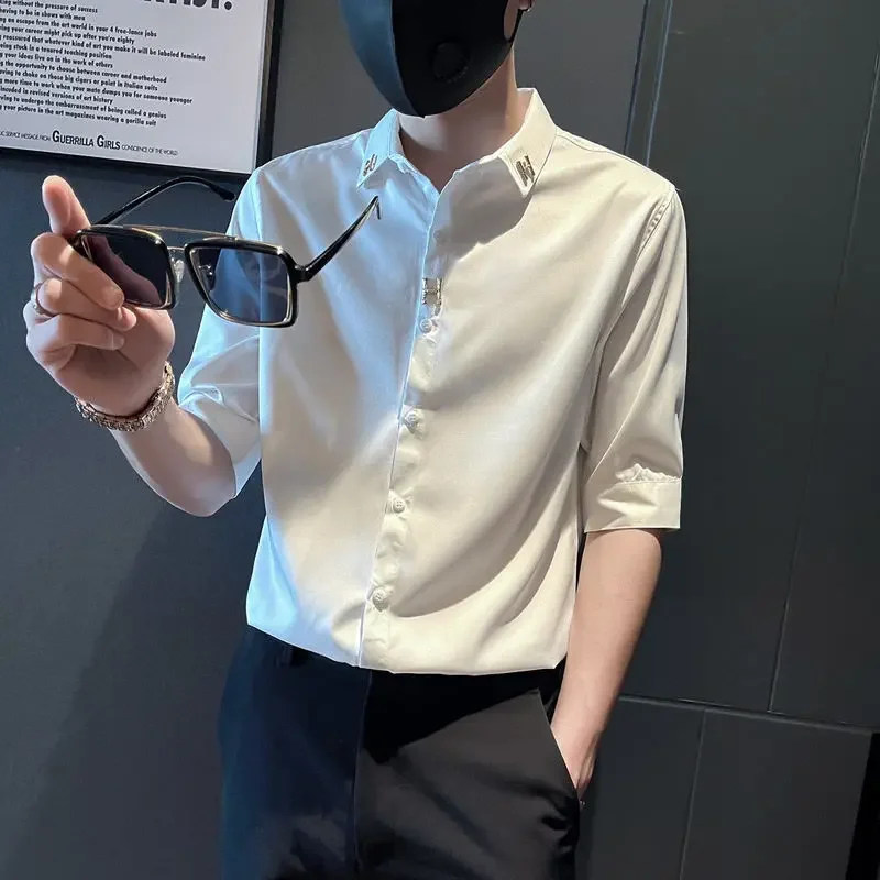 

Male Shirts Plain Ice Silk Black Half Sleeve Men's Shirt Xxl Aesthetic New in Korean Popular Clothes Social Tops Button Up Style