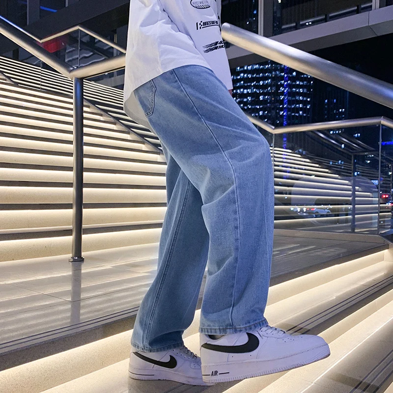 2022 Spring New Men's Light Blue Wide Leg Jeans Korean Style Streetwear Baggy Denim Pants Loose Straight-leg Trousers Male