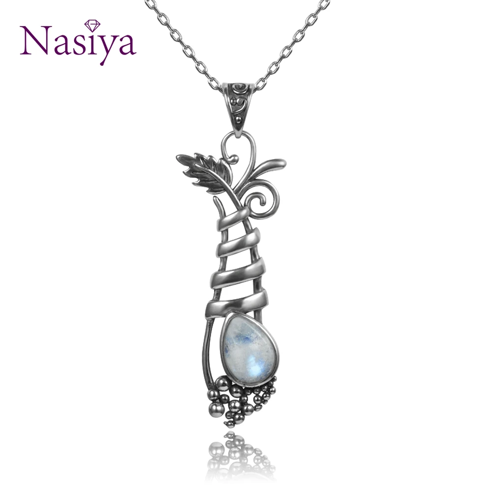 

Vintage Silver Jewelry Pendant Necklace Women's Customized Fansy Grape Plant Shape Natural Moonstone Long Pendants Gifts