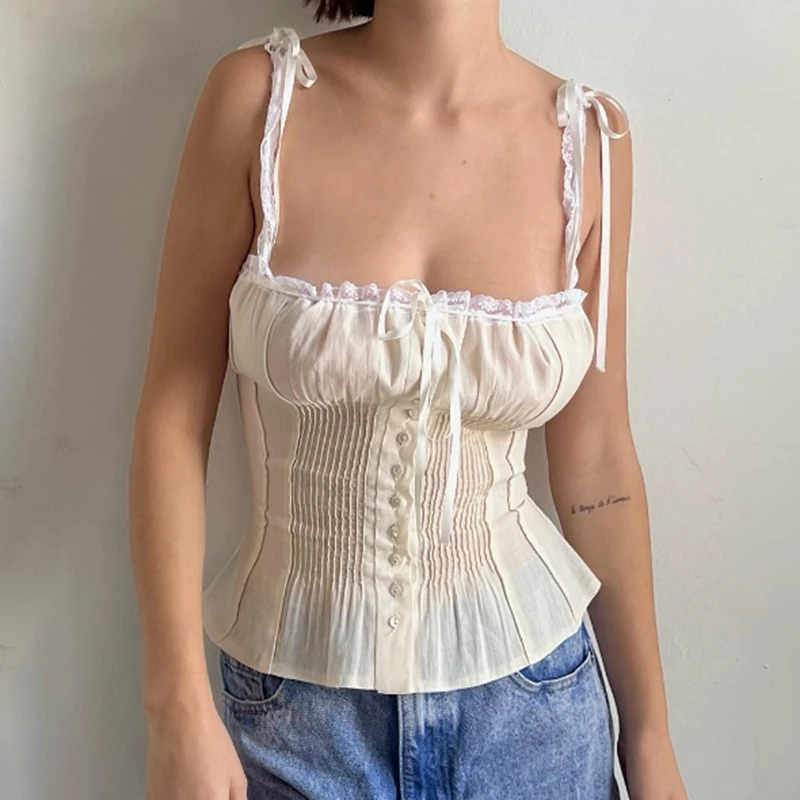 Fairy Cottage Y2K Crop Tops Kawaii Ribbons Bowknot Lace Trim Camisole Low Cut Button Up Slim Fit Vest 90S Vintage Women Tank Top