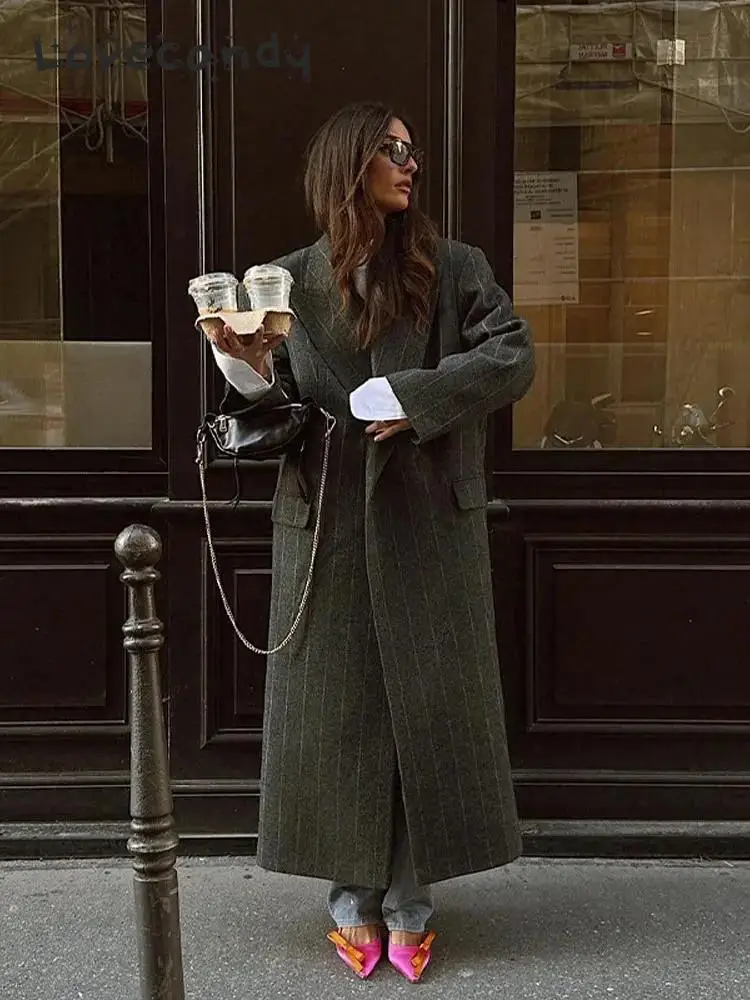 

Vintage Long Wool Blends Coats Women Fashion Korean Lapel Striped Thicken Overcoat Autumn Winter Lady Loose Streetwear Jacket