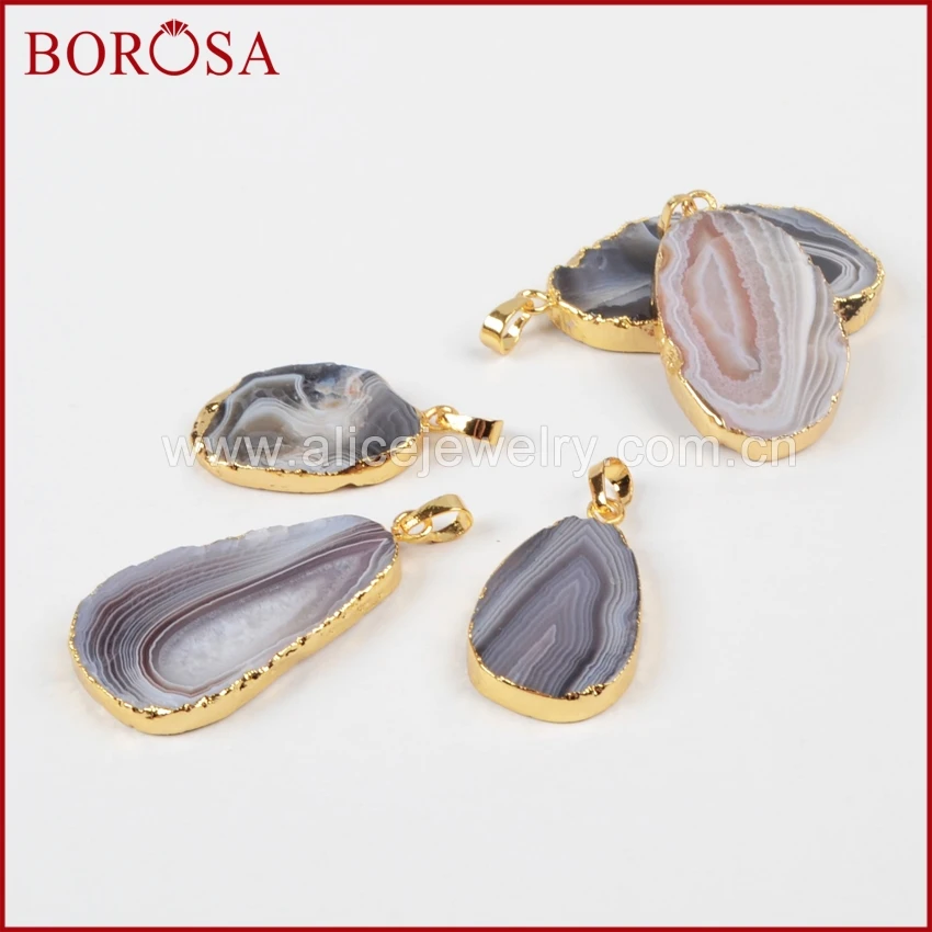 Fashion Gold Plated Natural Onyx Botswana Agate Slice Pendant Bead for Necklace Natural Gemstone for Necklace Accessories 5