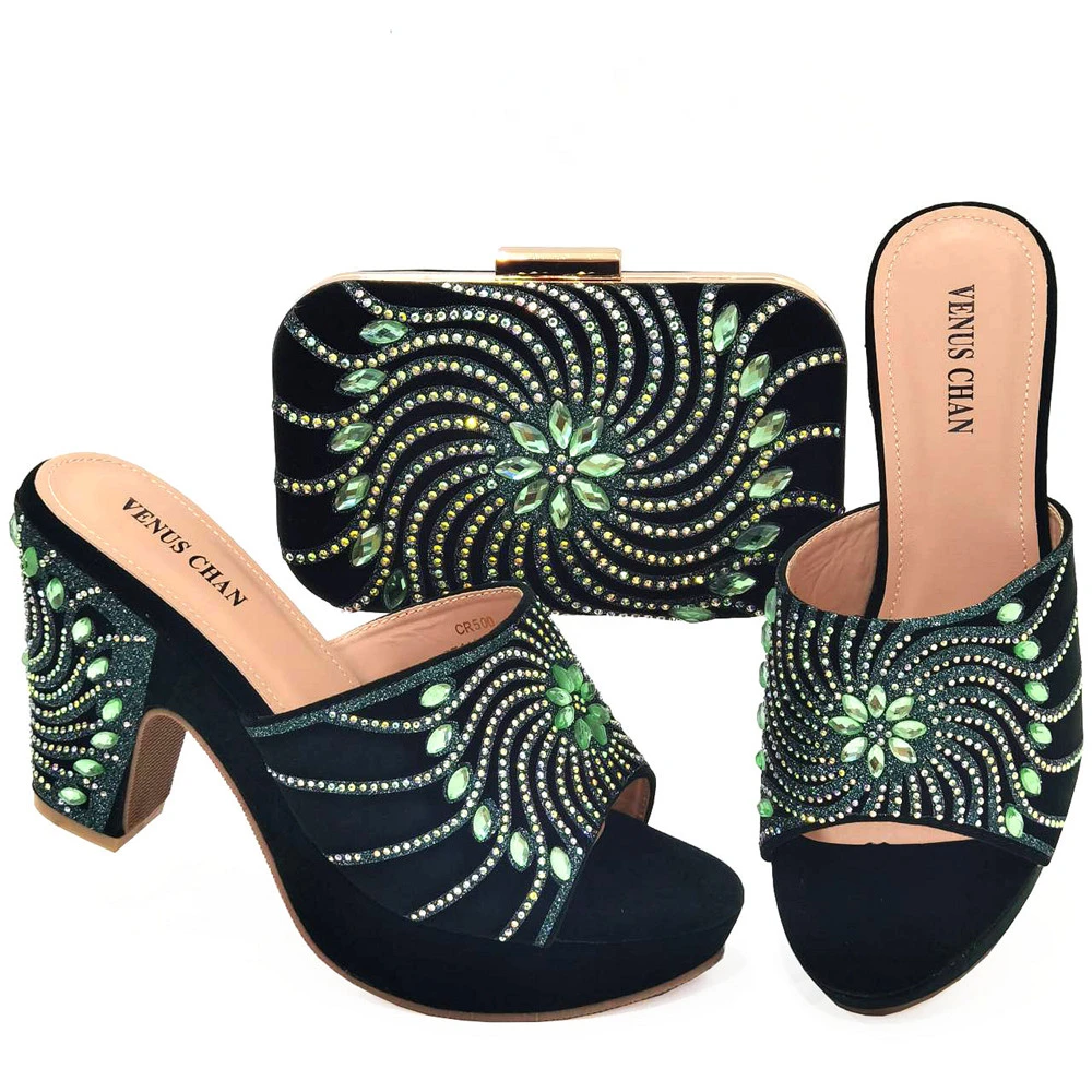 

New Italian Design Paisley Pattern Green Color Women's Shoes and Bags Matching Party Fashion and Comfortable Middle Heel Shoes