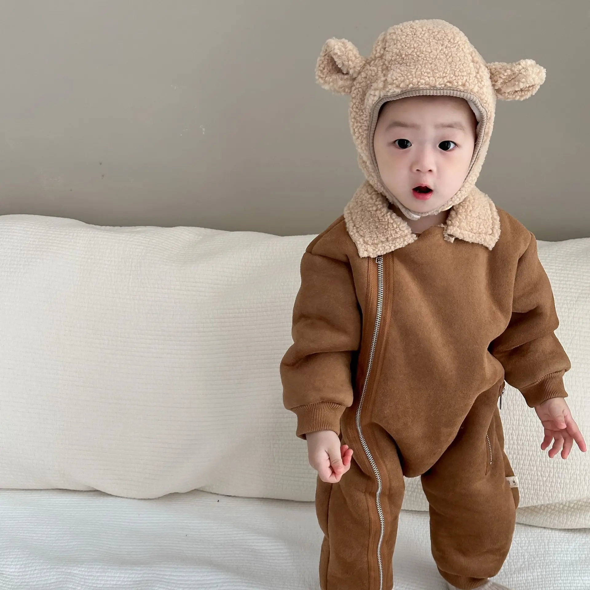 Baby Fur Lined Rompers Jumpsuits Warm Winter Outfit
