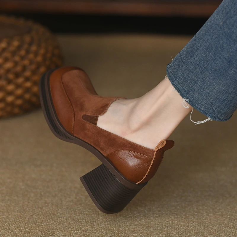 

Sqaure Heel Real Leather Loafers Slip On Spring Autum Retro Pumps Square Toe Shoes Woman Retro Vintage Style Women Pumps